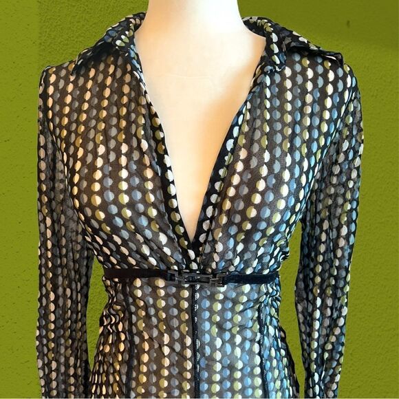 90s vintage Mexx mesh collared shirt deep v neck buckle  detail - Picture 3 of 10